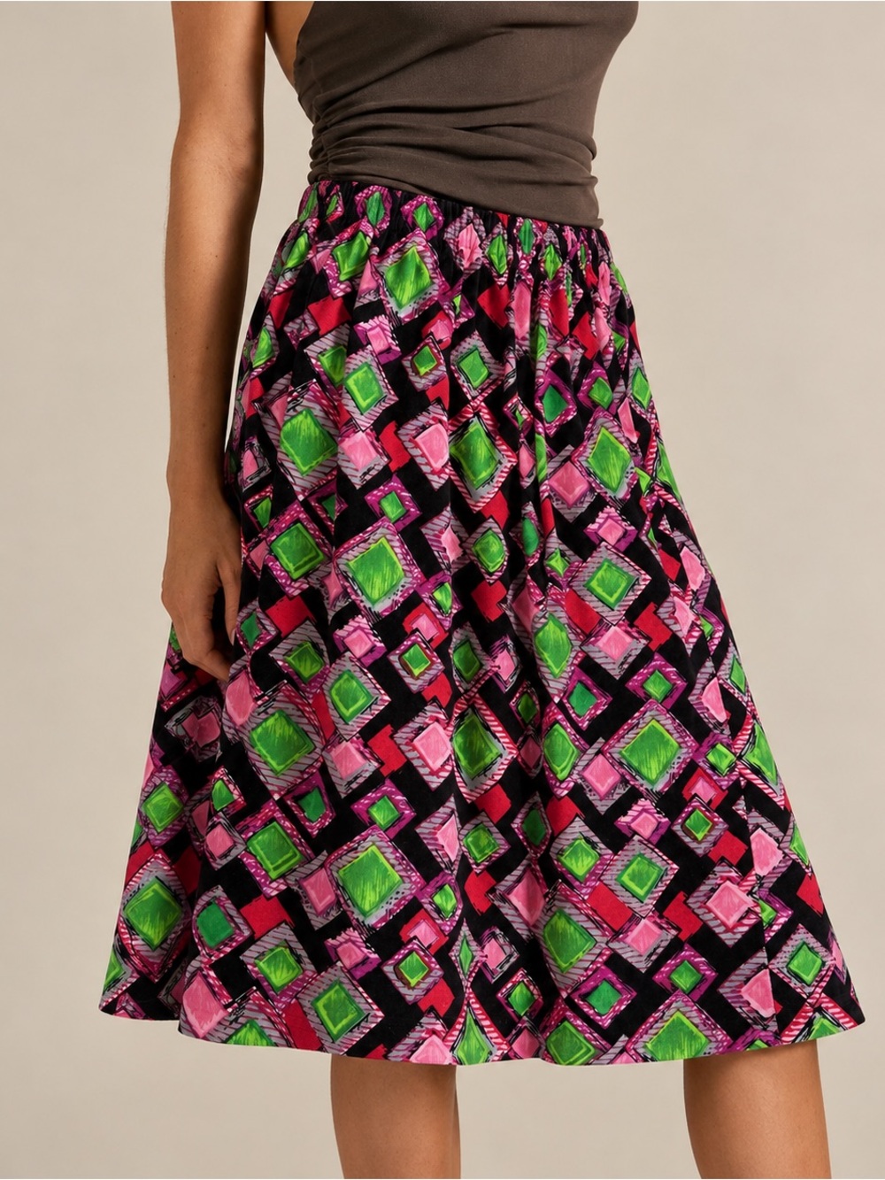Vintage 70s Handmade Velour Geometric Midi Skirt Neon Patchwork Mod Op Art